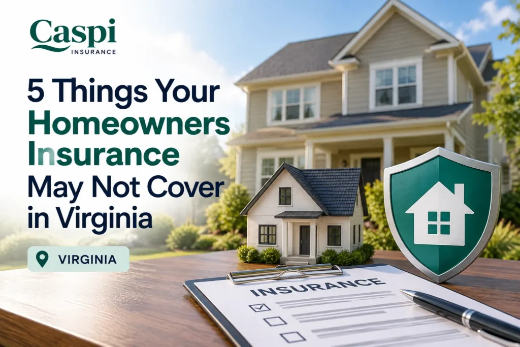 Virginia home with insurance protection shield and homeowners insurance documents