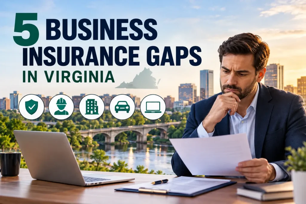 Business owner reviewing documents with five business insurance risk icons in Virginia